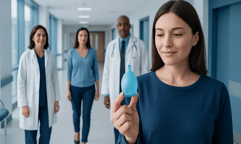 Reusable Period Cup Explained: Causes, Management, and When to See a Doctor 8 Young woman holding menstrual cup in hospital corridor with medical staff.