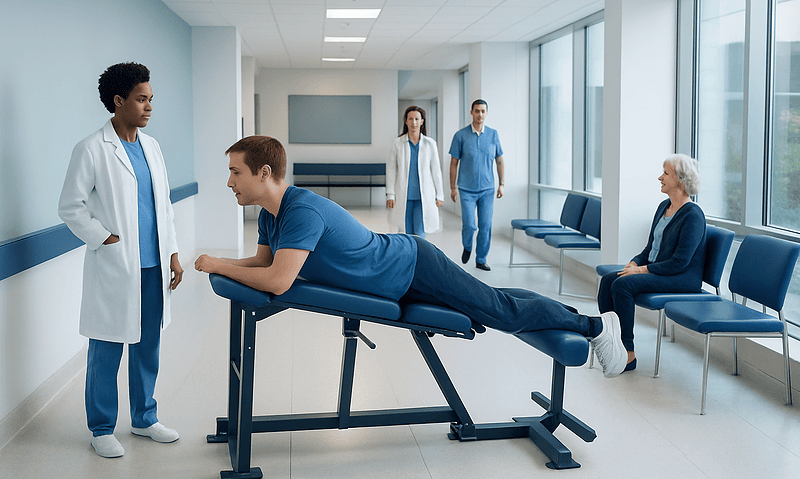 Patient undergoing therapy on a reverse hyper machine at Acibadem Hospital.