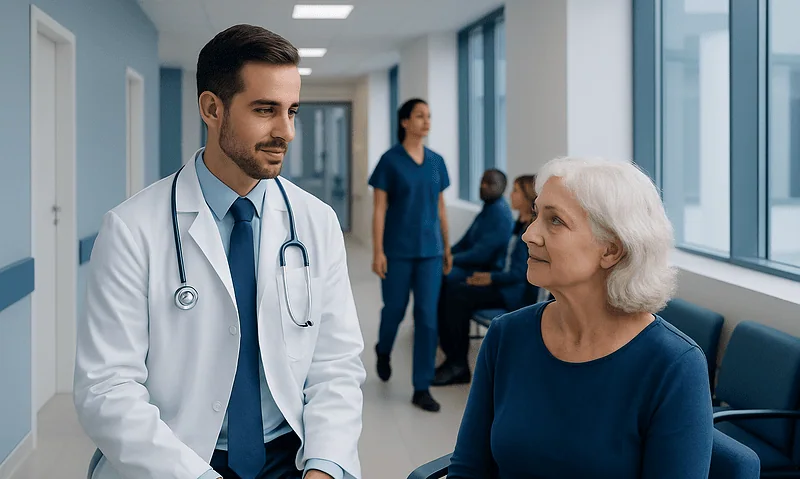 Doctor consulting with elderly patient in hospital corridor.