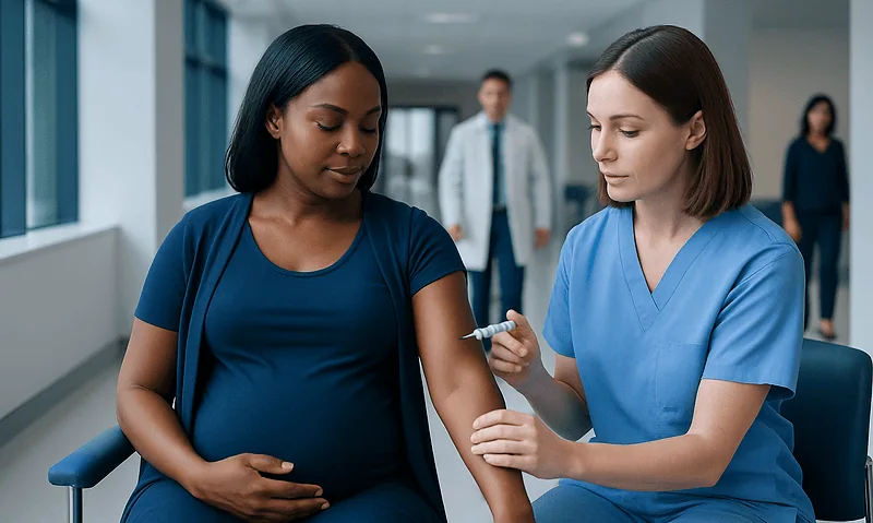 Nurse administering Rhogam shot to pregnant woman in hospital corridor.