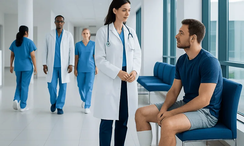 Doctor consulting a patient with ankle injury in hospital corridor.