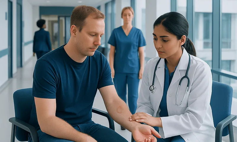Doctor examining patient's arm in a hospital corridor.