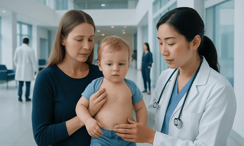 Pediatric consultation at a hospital with a mother, child, and doctor.