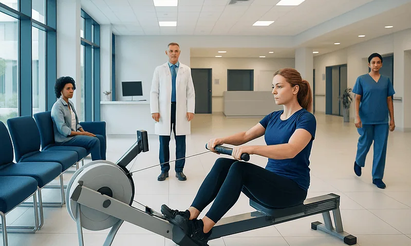 Patient using rowing machine in hospital rehabilitation center.