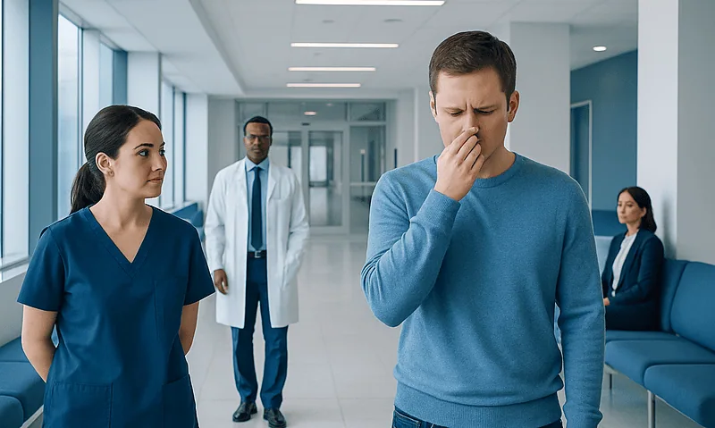 Patient experiencing nasal discomfort in a hospital corridor with medical staff nearby.