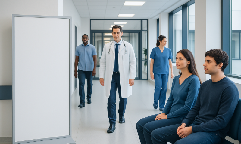 Medical team waiting in hospital corridor for patient consultation.