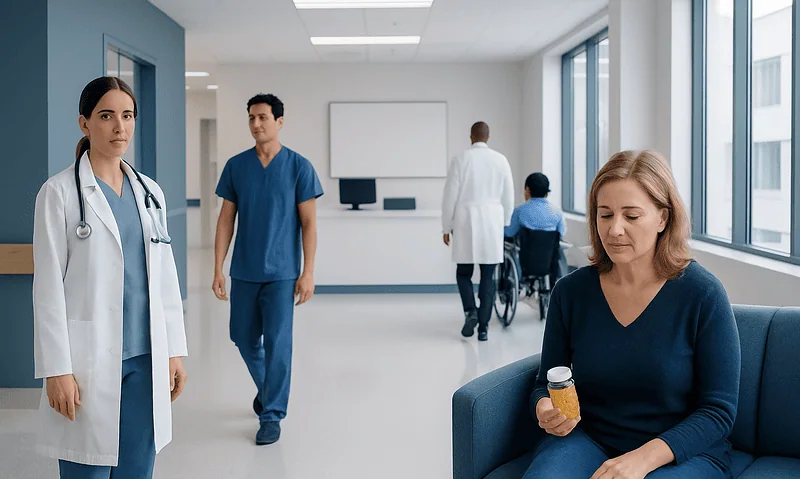 Patients and medical staff in a modern hospital corridor.