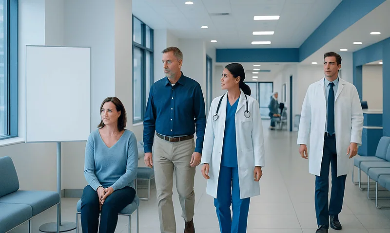 Medical team and patient in hospital corridor at Acibadem Hospitals Group.
