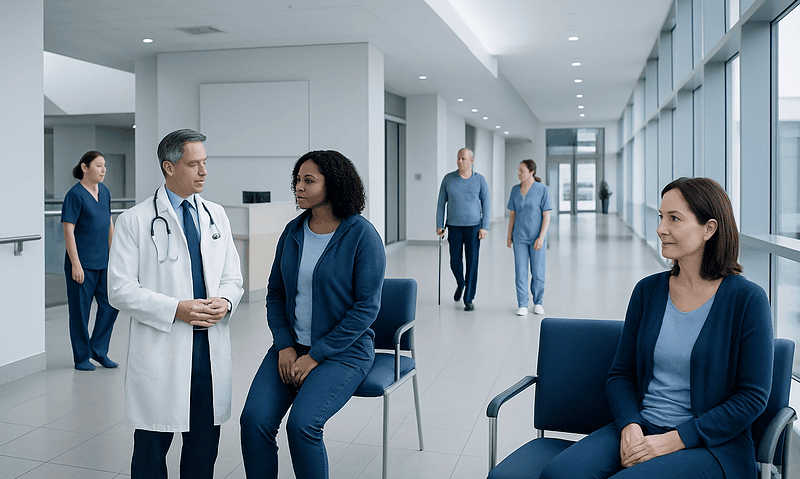 Medical consultation in a modern hospital corridor with healthcare professionals and patients.
