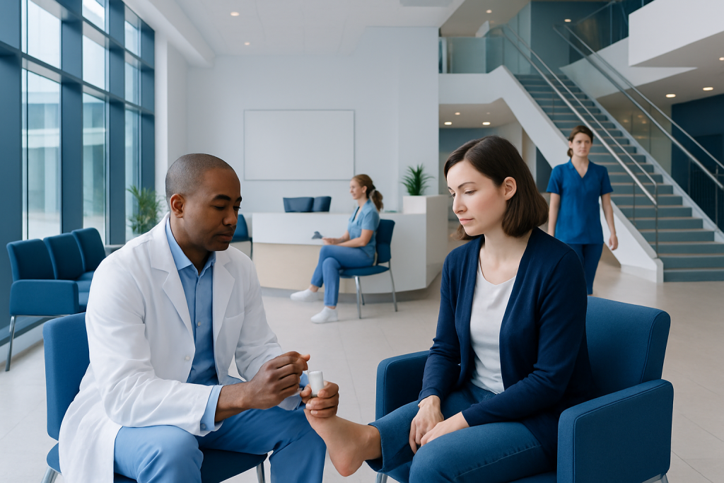 Salicylic Acid Wart Remover: A Complete Medical Overview 1 Doctor examining patient's foot in a modern hospital lobby.