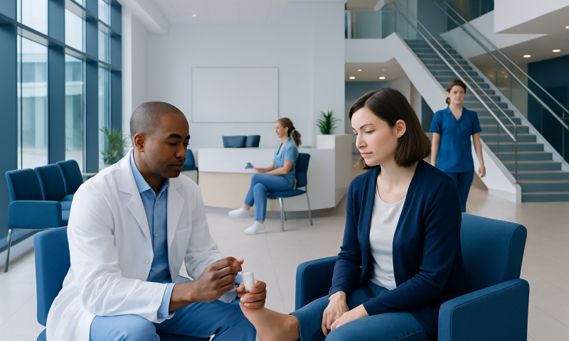 Salicylic Acid Wart Remover: A Complete Medical Overview 5 Doctor examining patient's foot in a modern hospital lobby.