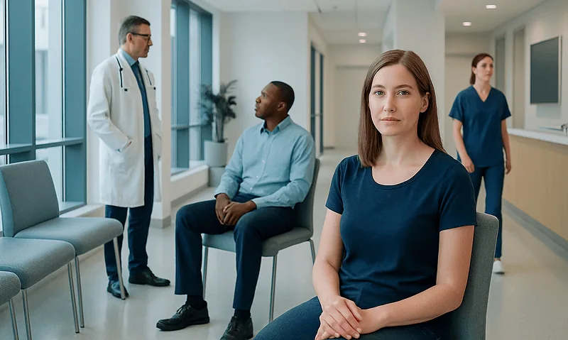 Medical consultation in a modern hospital corridor with diverse healthcare professionals.