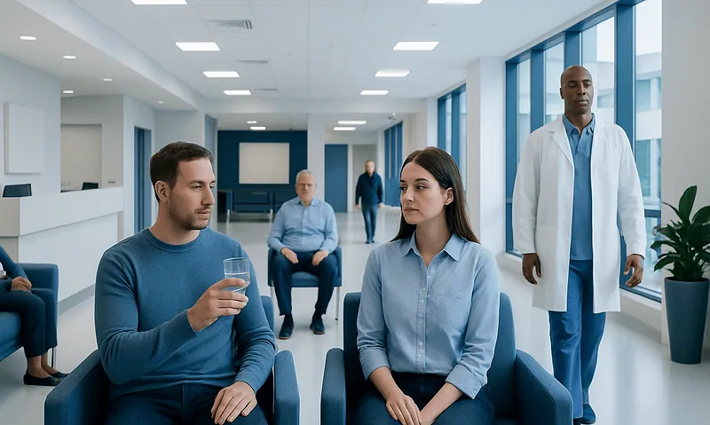 Patients waiting in a modern hospital corridor with medical staff present.