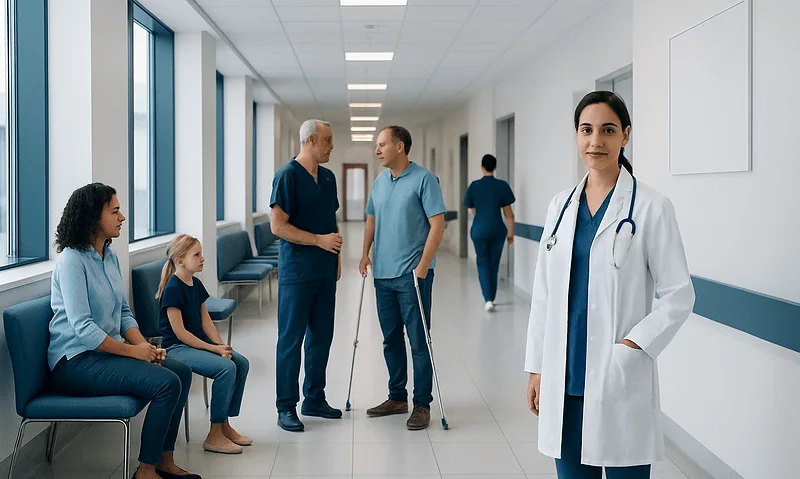 Healthcare professionals and patients in a hospital corridor at Acibadem Hospitals Group.
