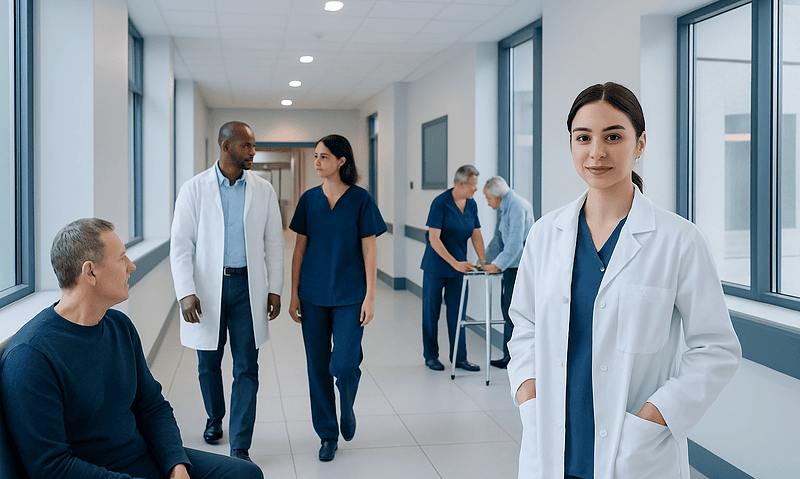 Healthcare professionals and a patient in a modern hospital corridor.