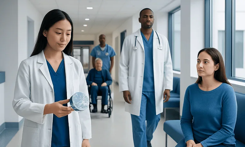 Medical professionals and patient in hospital corridor with wheelchair.