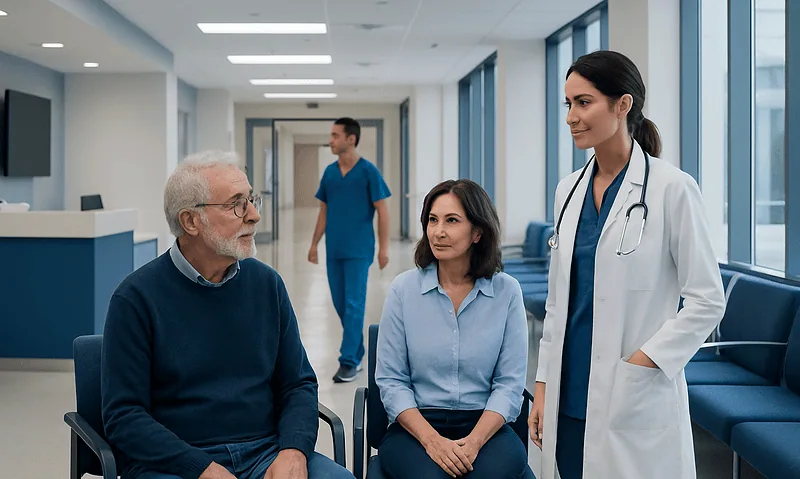 Doctor consulting with elderly male and female patients in hospital corridor.