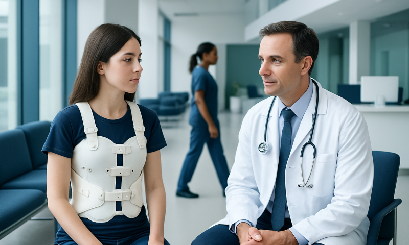 Doctor consulting a young patient in a hospital setting.