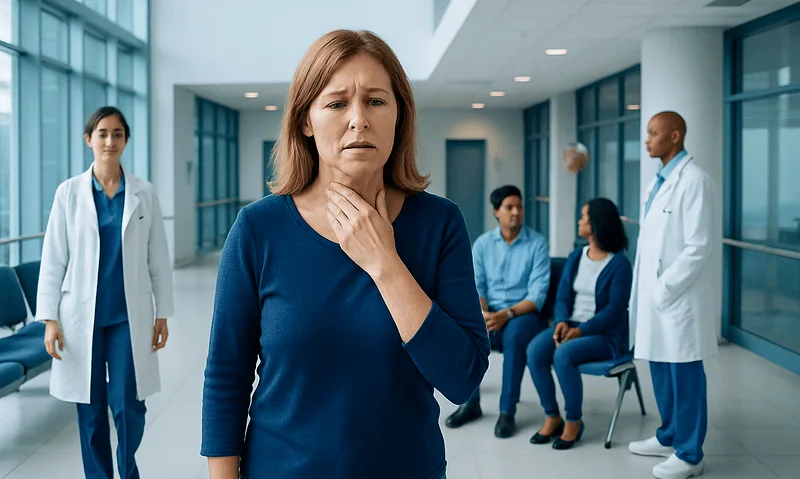 Woman with sore throat in hospital corridor with medical staff.