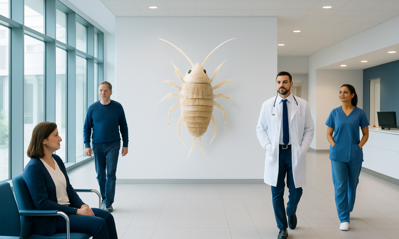 Medical consultation room with a large sea louse illustration on the wall.