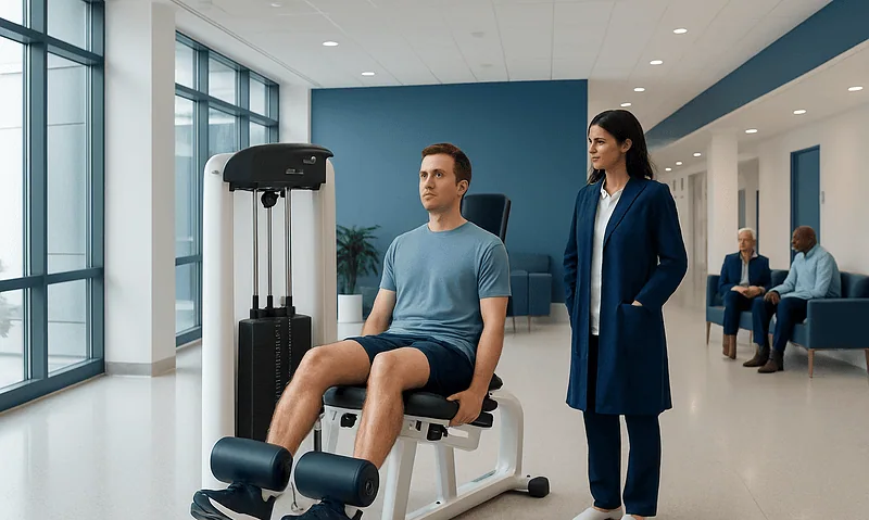 Patient using seated leg curl machine at Acibadem Hospital.