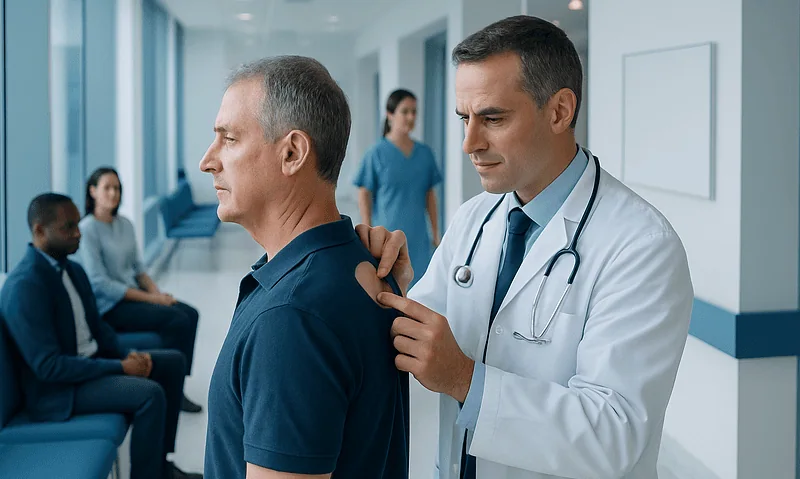 Doctor examining a patient in a hospital corridor.