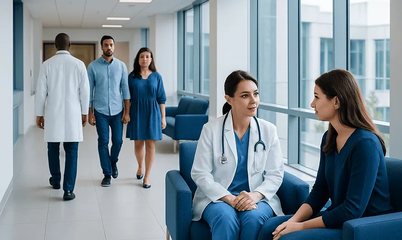 Patients and medical staff in a modern hospital corridor.