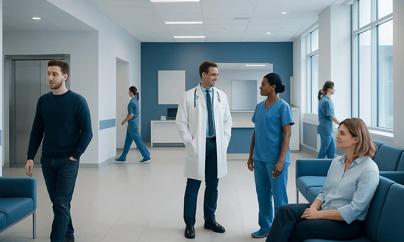 Medical staff and patients in a modern hospital lobby at Acibadem Hospitals Group.