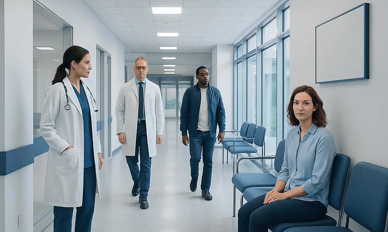 Medical team consulting with patient in hospital corridor.