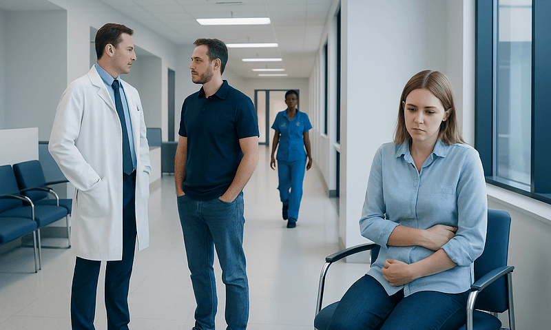 Patient waiting in hospital corridor with medical staff nearby.