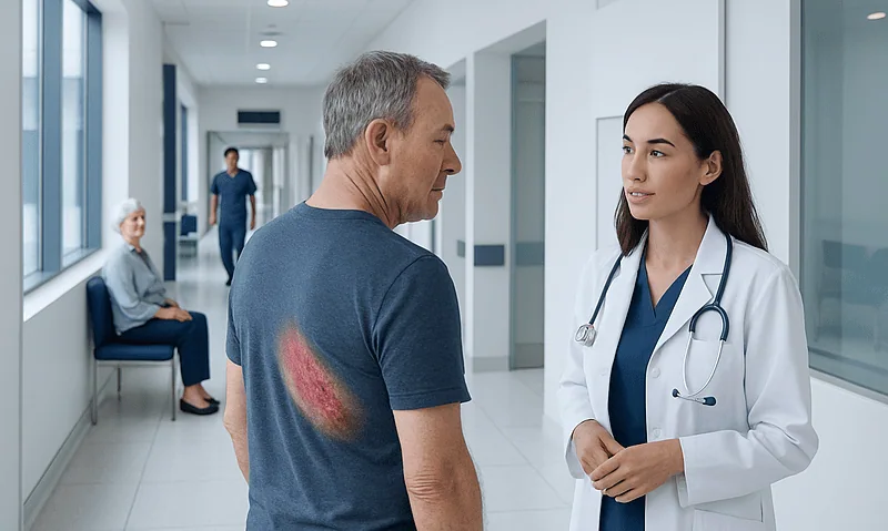 Doctor consulting with patient with shingles rash on shoulder in hospital corridor.