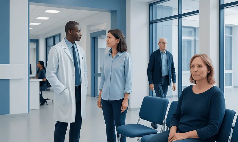 Doctor consulting with a patient in a modern hospital corridor.