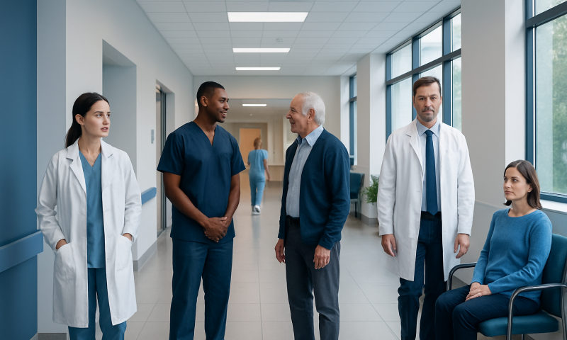 Medical team discussing patient care in hospital corridor.