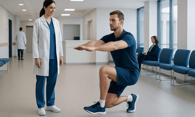 Physical therapist guides patient through single leg squat exercise in hospital setting.