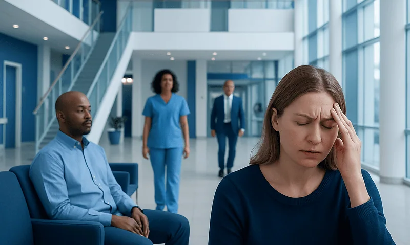 Woman with headache in hospital waiting area with medical staff and visitors.