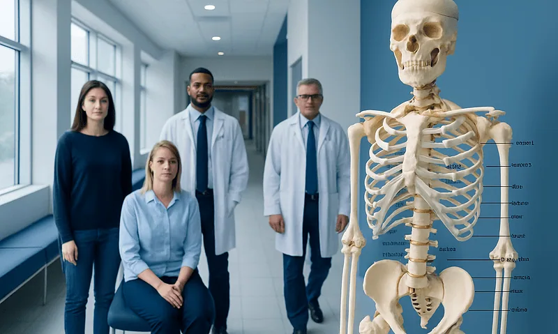 Medical team with skeleton model in hospital corridor for skeletal system overview.
