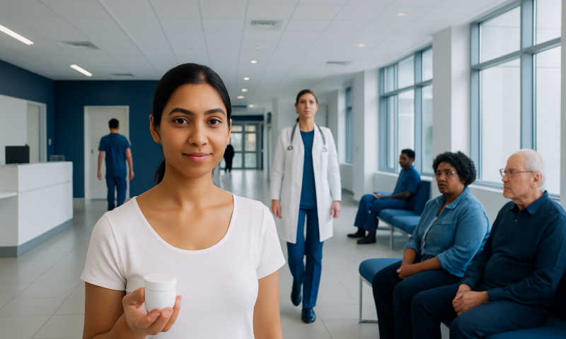 Young woman holding medication in a hospital corridor with waiting patients.