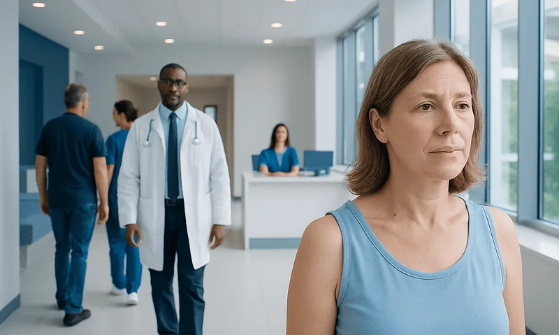 Woman with skin concerns in a hospital corridor with medical staff.