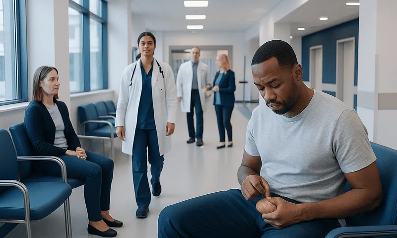 Patient with skin tag on scrotum in a hospital waiting area.