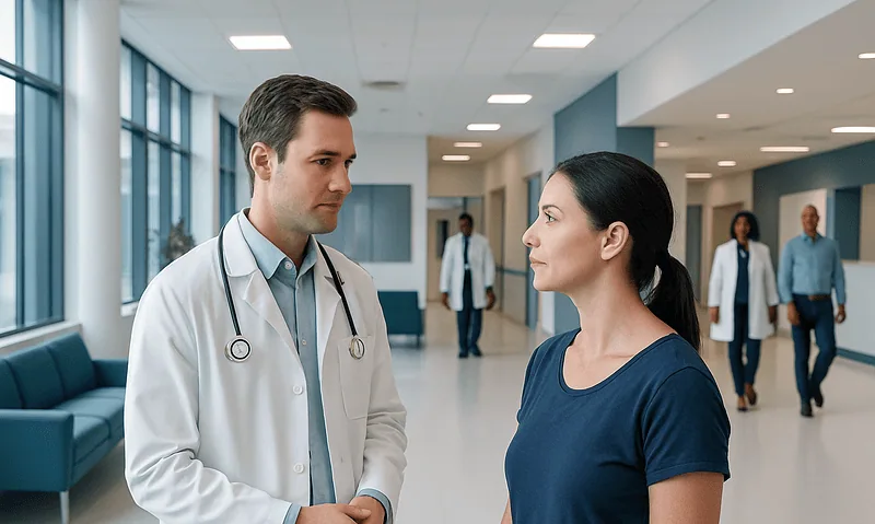 Doctor consulting with a patient in a hospital corridor.