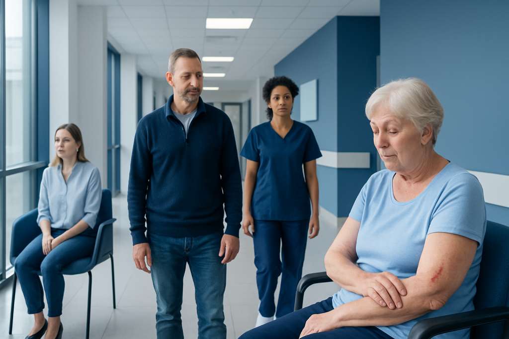 Skin Tear: An Evidence-Based Guide for Patients 1 Elderly woman with skin tear in hospital, healthcare professionals nearby.