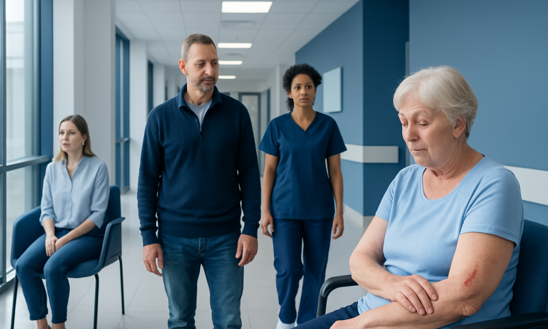 Skin Tear: An Evidence-Based Guide for Patients 6 Elderly woman with skin tear in hospital, healthcare professionals nearby.