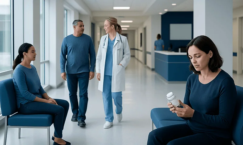 Patients and doctor in hospital corridor, woman with medication bottle.