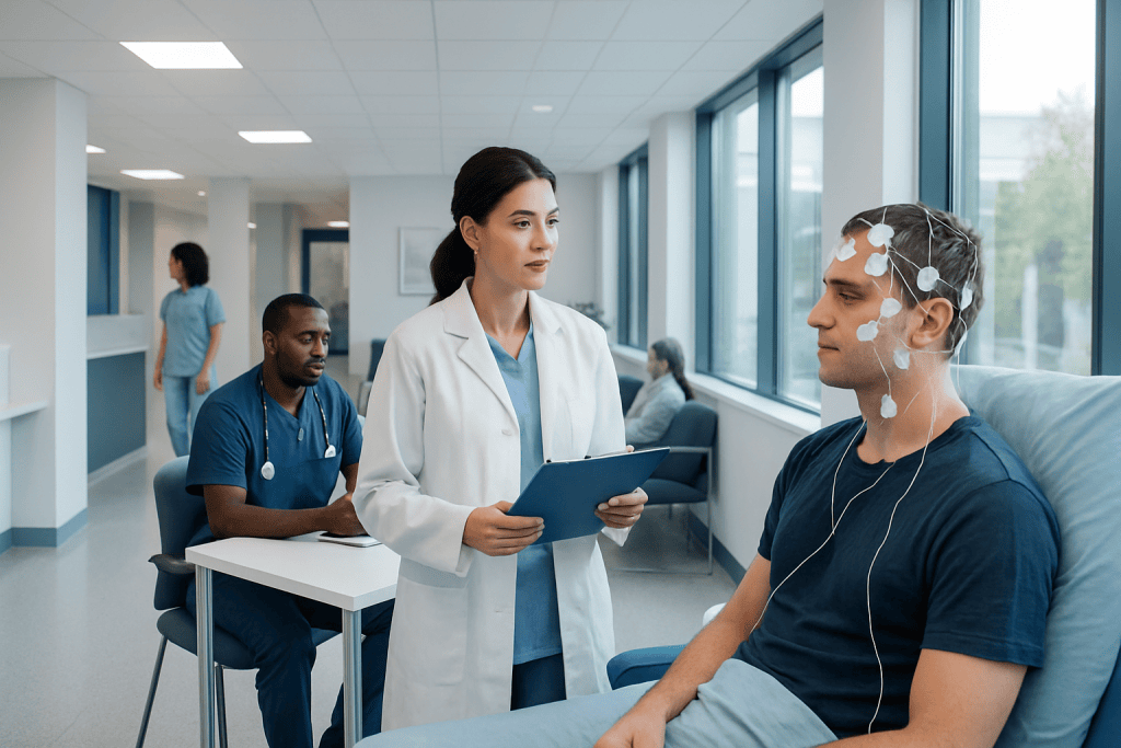 Sleep and Neurology Evaluation: What Happens at Your First Visit 1 Patient undergoing sleep study evaluation at Acibadem Hospital.