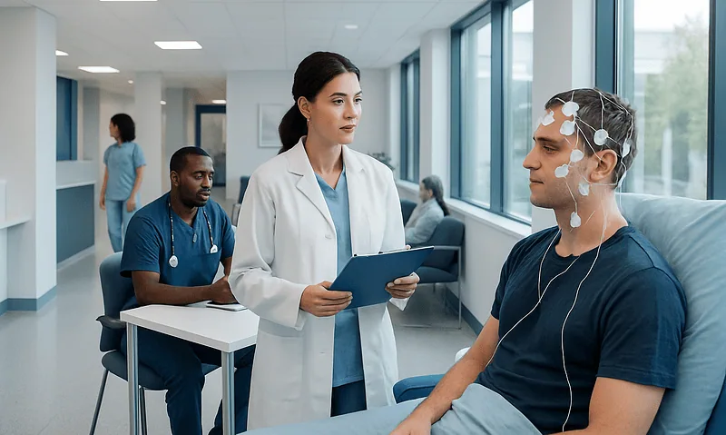Patient undergoing sleep study evaluation at Acibadem Hospital.