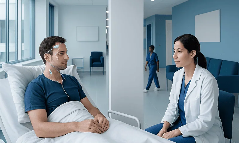 Patient and doctor discussing sleep study in hospital room.