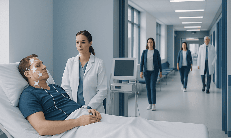 Patient in hospital bed with medical staff in a hospital corridor.