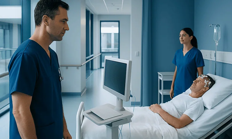 Medical professionals discussing sleep study results with patient in hospital room.