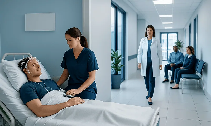 Patient undergoing sleep study with EEG in a hospital room.