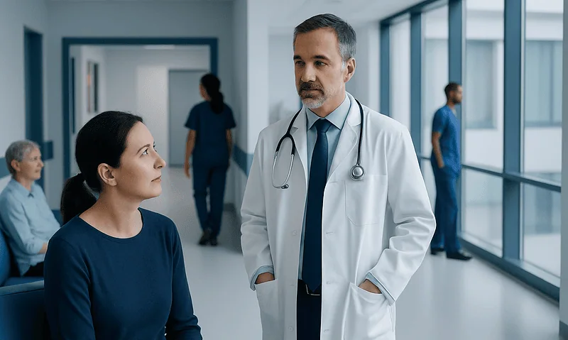 Doctor consulting a patient in a hospital corridor with medical staff in background.